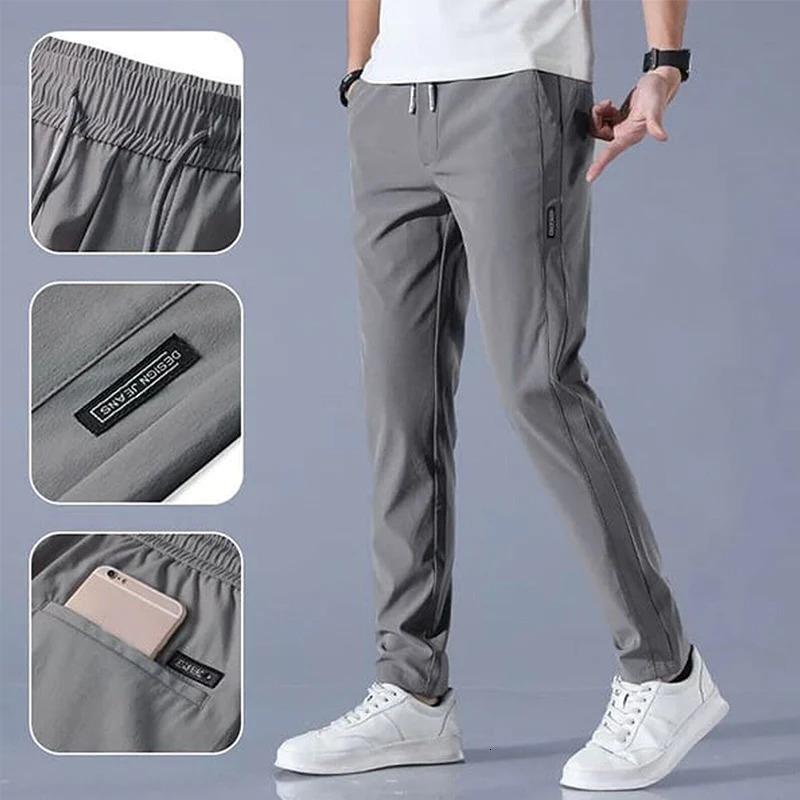 Men's Pants Men Fast Dry Stretch Pants Ice Silk Trousers Solid Color Mid-Waist Loose Breathable Straight-Leg Casual Pants Thin Sports Pants 23032