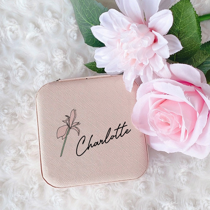 Jewelry Boxes Personalised Birth Flower Jewellery Box Birth Month Flower Jewellery Storage Girls Jewellery Case with Name Bridal Party Gifts 230325