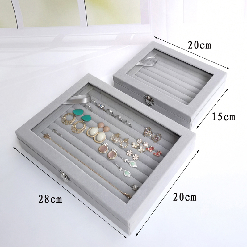 Jewelry Boxes Velvet Glass Ring Earring Jewelry Display Organizer Box Tray Holder Storage Case 230325