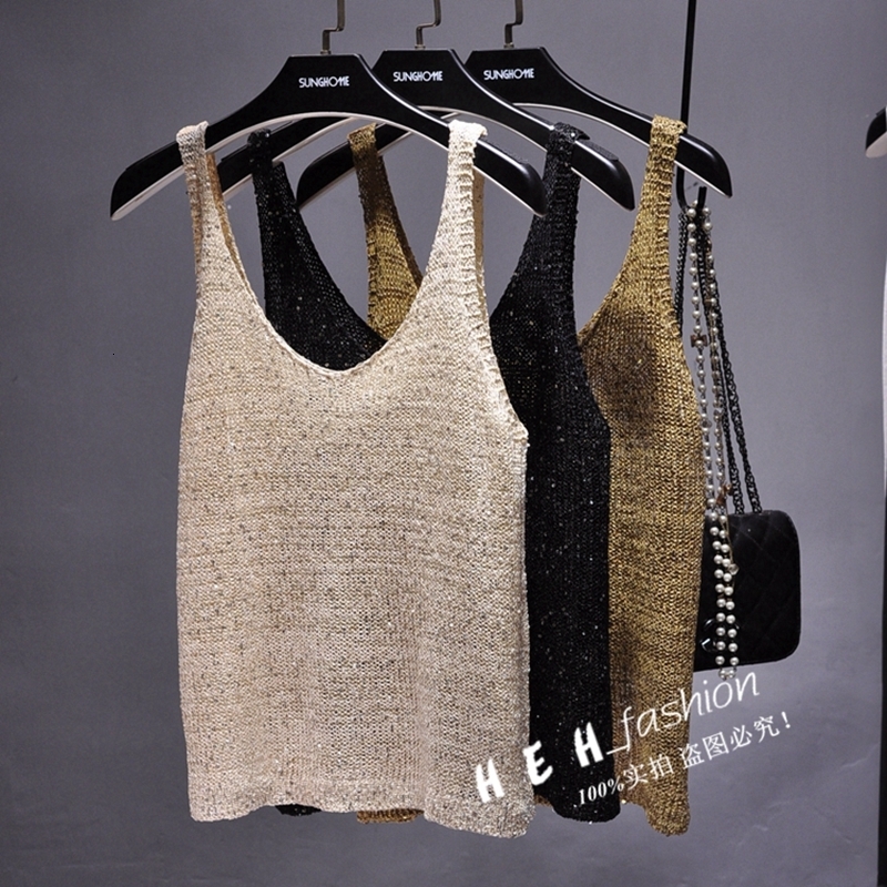 Camisoles Tanks Spring and Summer of The V-neck Condole Belt Knit Sequined Vest Outside The Joker Sleeveless T-shirt Top Coatt 230327