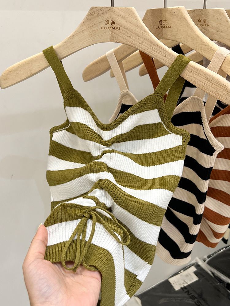 Camisoles Tanks French Style Hollow Striped Pleated Drawstring Vest Tops Women's Knitted Deep V-Neck Vintage All-Match Camis Female Clothes 23032
