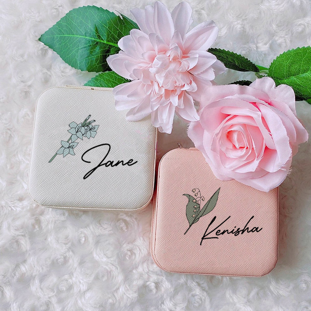 Jewelry Boxes Personalised Birth Flower Jewellery Box Birth Month Flower Jewellery Storage Girls Jewellery Case with Name Bridal Party Gifts 230325