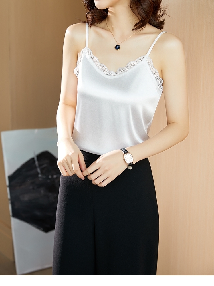 Camisoles Tanks Summer Korean Fashion Chiffon Tank Top Women Office Lady Spaghetti Strap Tank Top Lace Loose Clothing for Women 230327