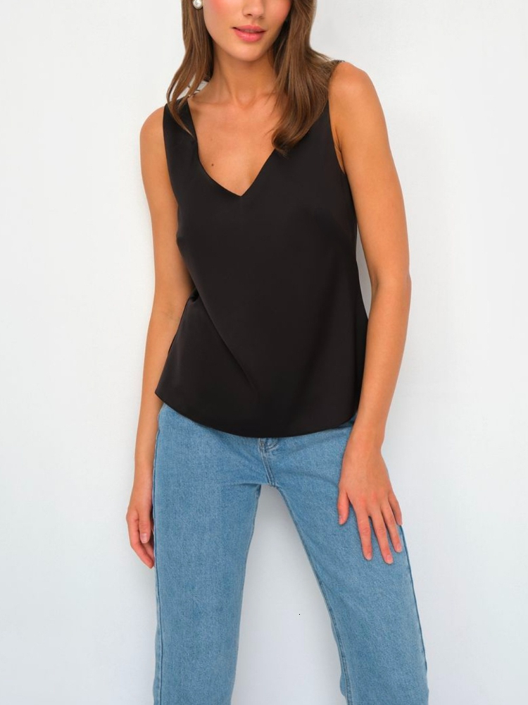 Camisoles Tanks Summer Women's Blouses Chiffon V Neck T-shirts Sleeveless Beautiful Satin Camis Office Lady Elegant Solid Silk Blouse Women 23032