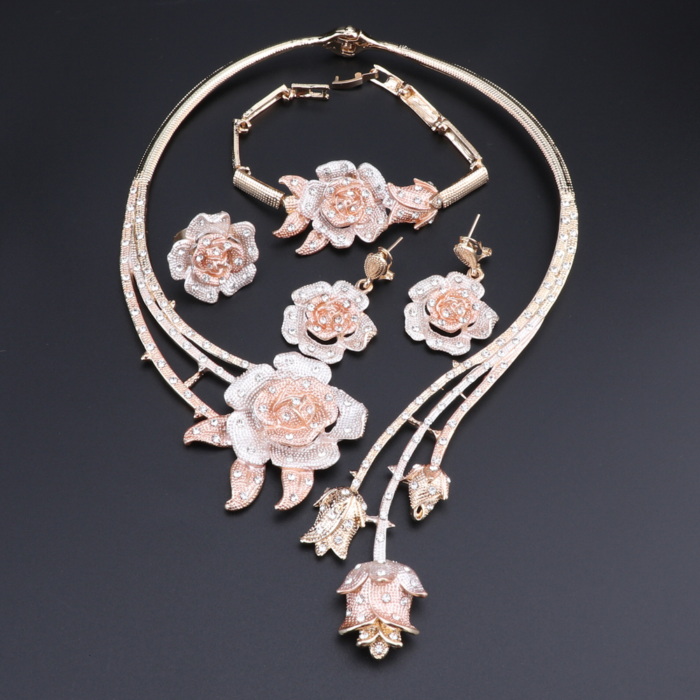 Wedding Jewelry Sets Nigeria Classic Jewelry Sets Elegant Bride Wedding Flower Shape Necklace Earrings Bracelet Ring Set for Dubai Women 230325
