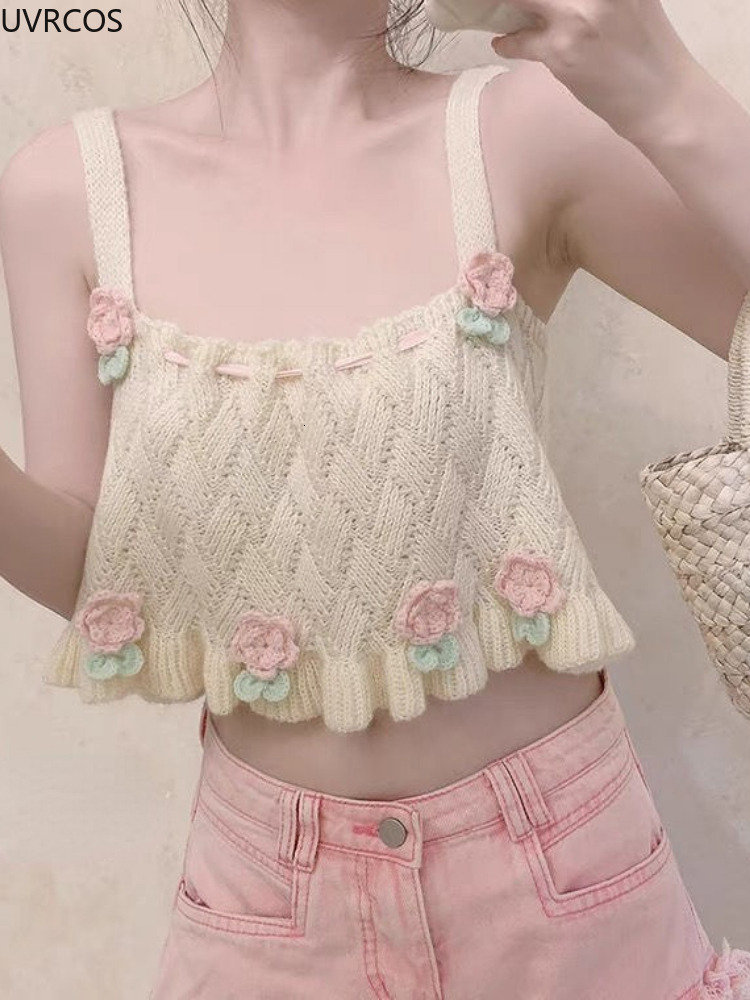 Camisoles Tanks Japanese Kawaii Chic Tank Top Women Sweet Flower Embroidery Cute Knitted Tanks Lady Preppy Style Casual Sweater Vest Summer 230327