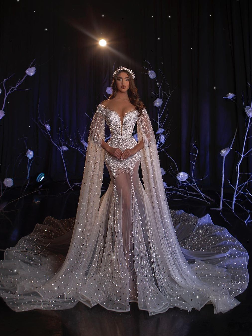 Full Beading Mermaid Wedding Dresses Illusion Off Shoulder Long Sleeve Bride Dress Backless Pearls Beads Bridal Gowns