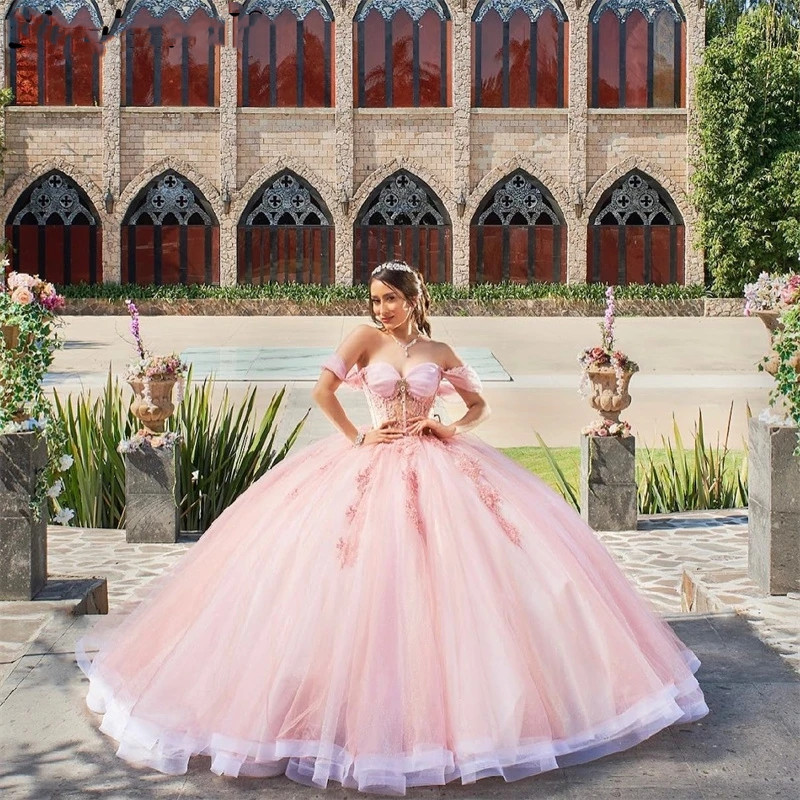 Ball Quinceanera Pink Gown Dresses Off Shoulder Beaded Lace Appliques Rhinestones Sweet Dress Vestidos De Anos
