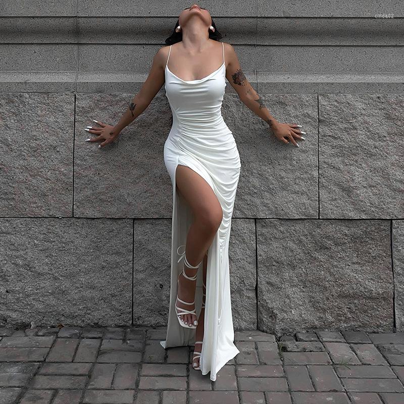 Party Dresses Long Club Dress Sexy Spaghetti Strap Sleeveless Maxi For Women Summer Draped Ruched High Slit
