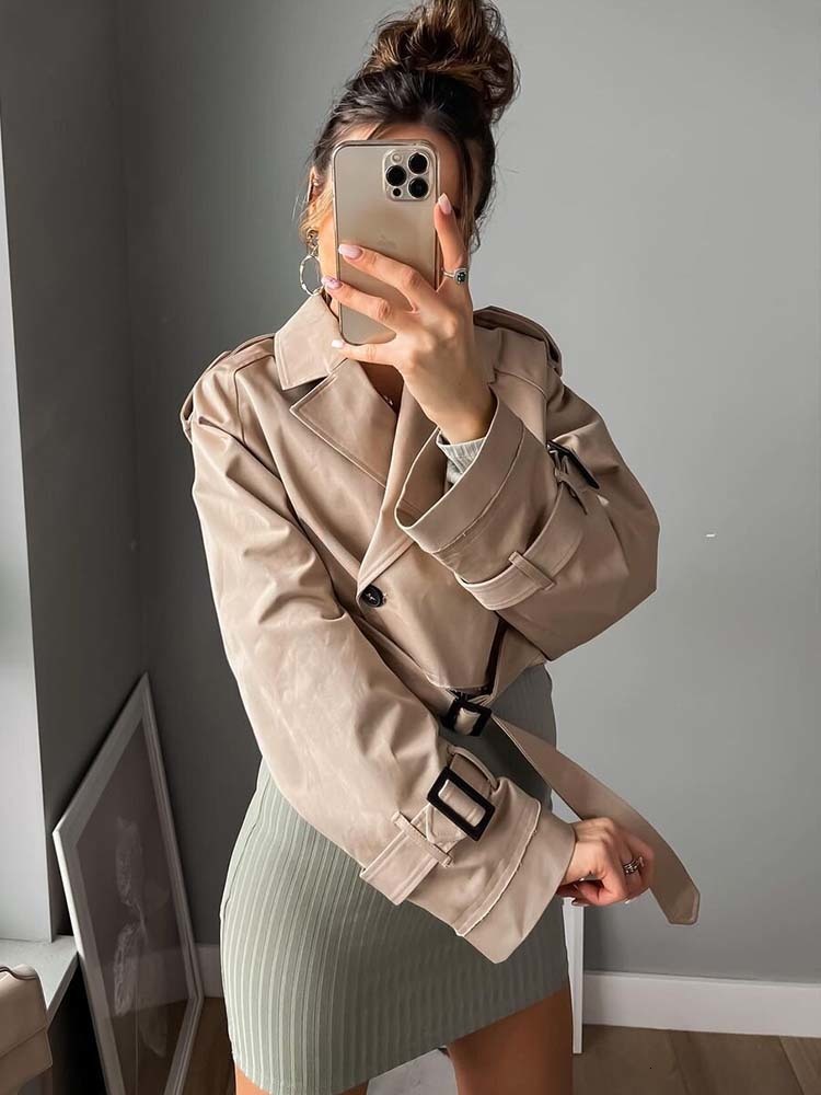 Men's Hoodies Sweatshirts TRAF Women Coats Fashion With Belt Spring Crop Jackets Coat Vintage Long Sleeve Casual Street Female Outerwear Chic Top