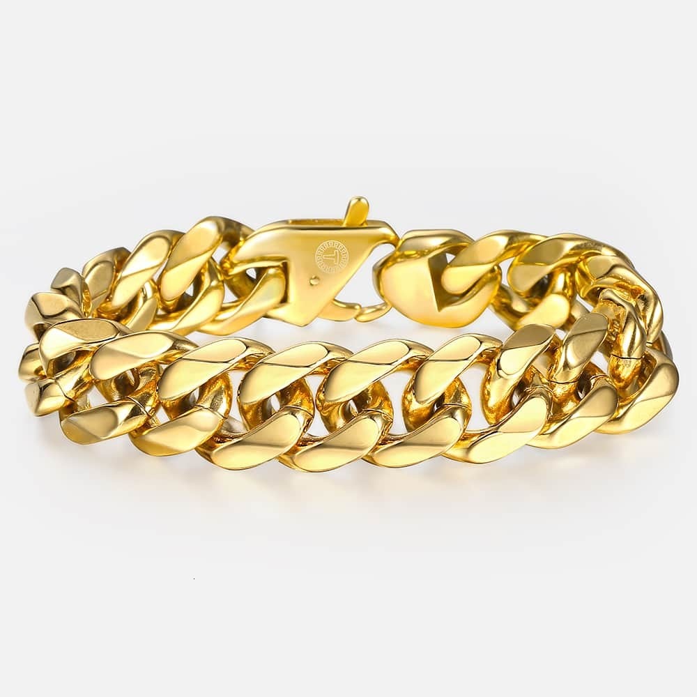 Charm Bracelets 316L Stainless Steel Cuban Curb Bracelet for Men Boy 15mm Heavy Chain Link Bracelet Gold Color Drop Jewelry 79 HB506 230325
