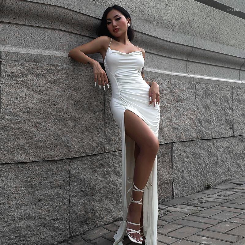 Party Dresses Long Club Dress Sexy Spaghetti Strap Sleeveless Maxi For Women Summer Draped Ruched High Slit