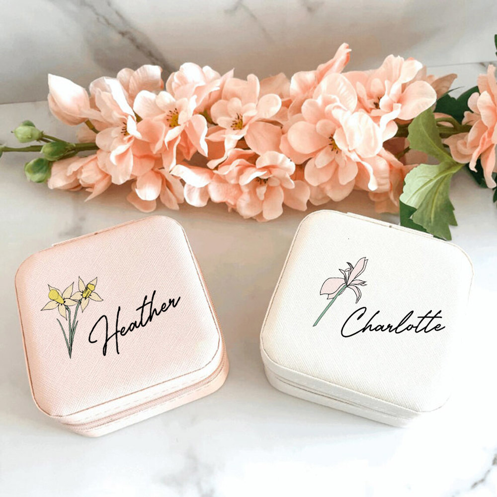 Jewelry Boxes Personalised Birth Flower Jewellery Box Birth Month Flower Jewellery Storage Girls Jewellery Case with Name Bridal Party Gifts 230325
