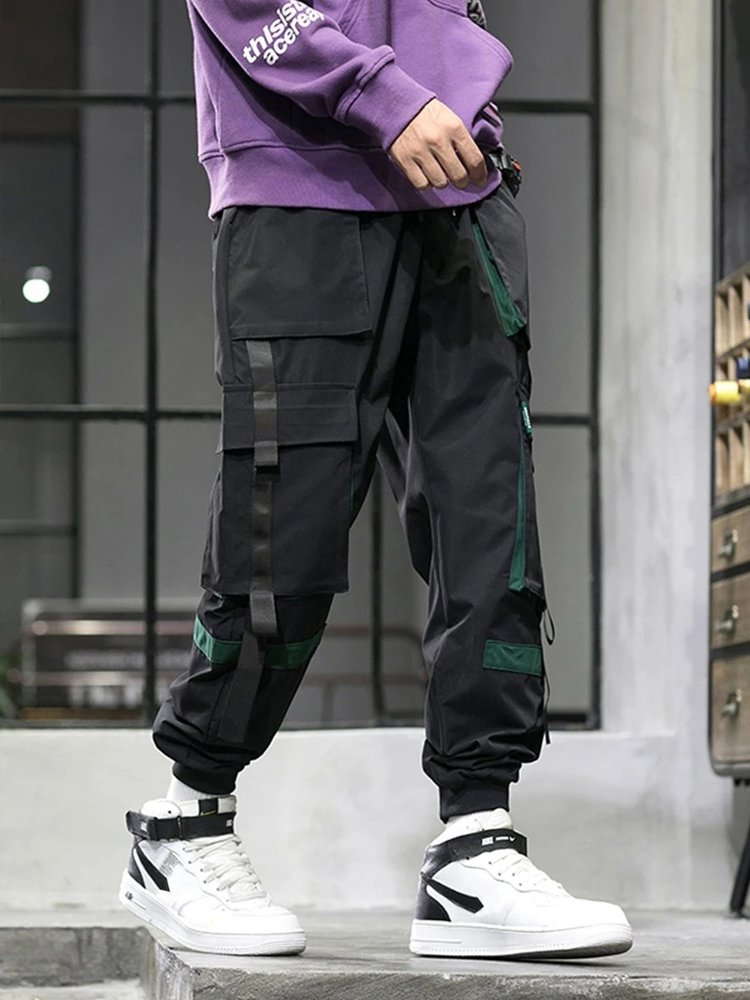 Men's Pants Spring Summer Multi-Pockets Ribbon Cargo Pants Men Hip Hop Streetwear Black Joggers Male Breathable Casual Pants 230327