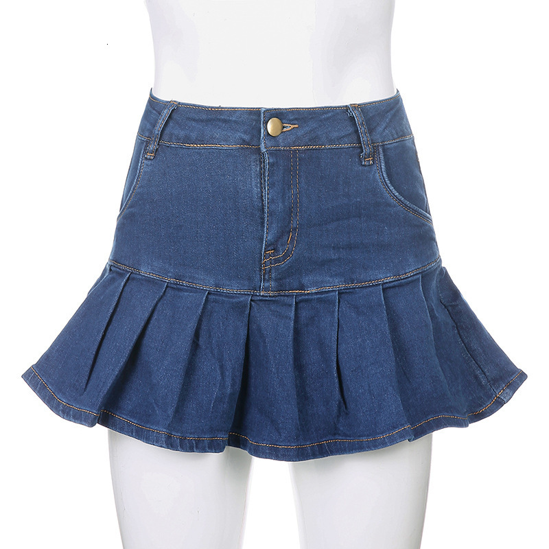 Skirts y2k Pink Denim Pleated Mini Solid Casual Woman Fashion Korean Style High Waist Skirt with Lined Club Party Girls 230327