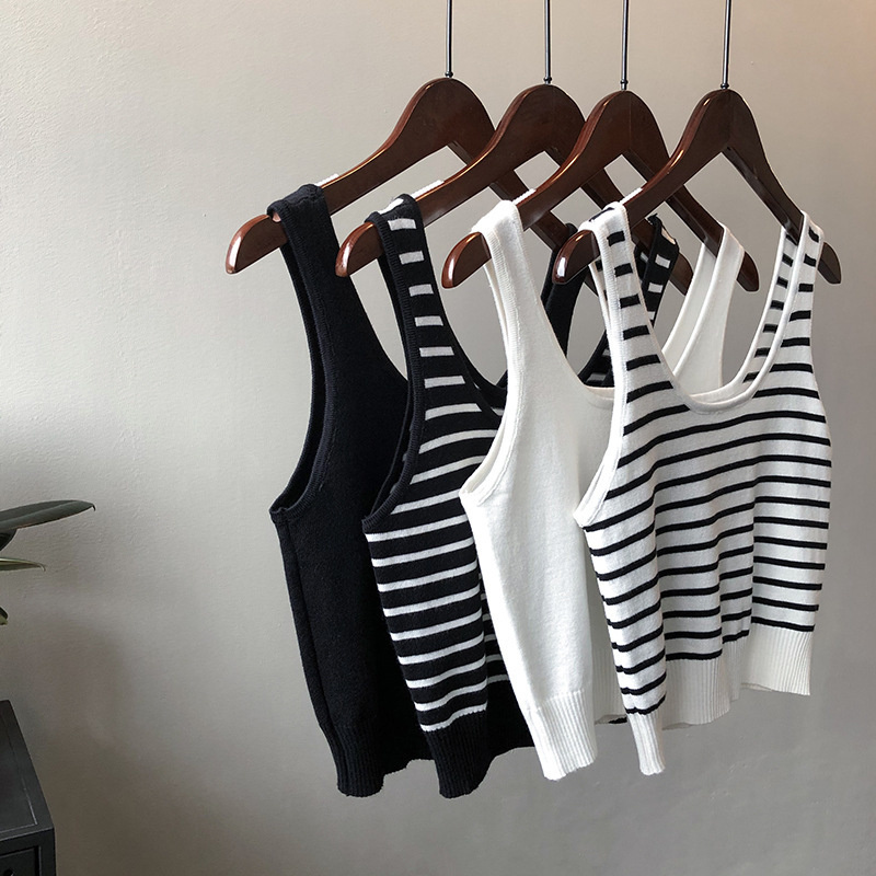 Camisoles Tanks Striped Knitted Crop Camis White Black Summer Casual Women Tank Tops 230327