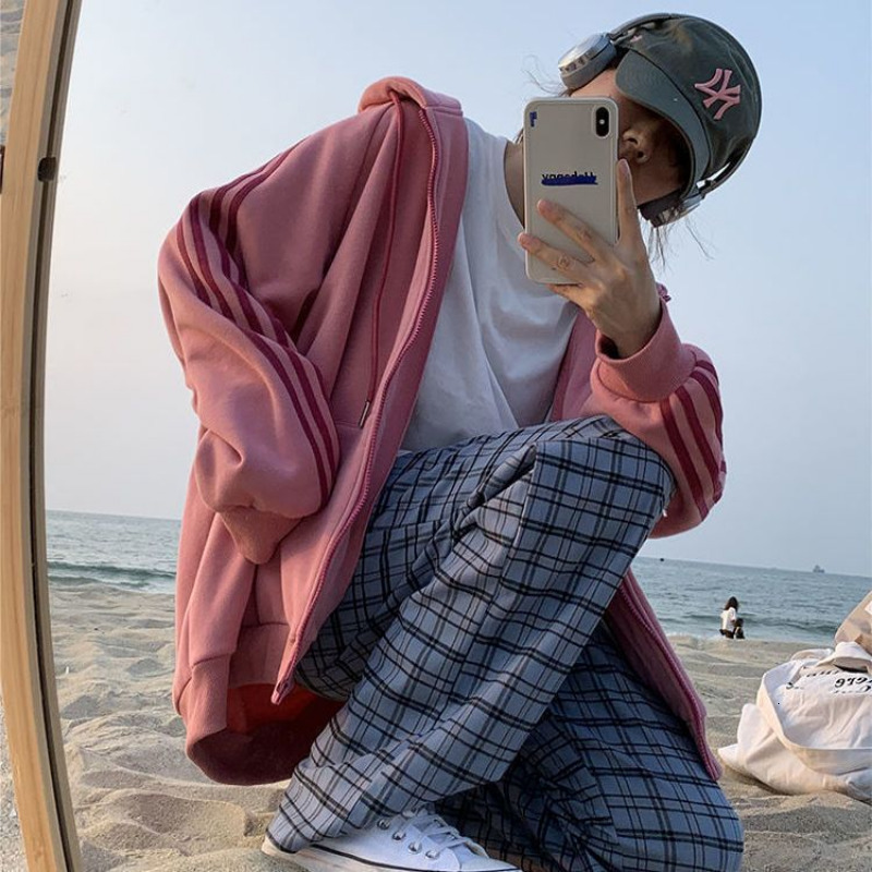 Womens Hoodies Sweatshirts HOUZHOU Vintage Oversized Casual Zip Up Harajuku Streetwear Women Striped Sweatshirt Winter Fleece Clothes for Teenagers 23