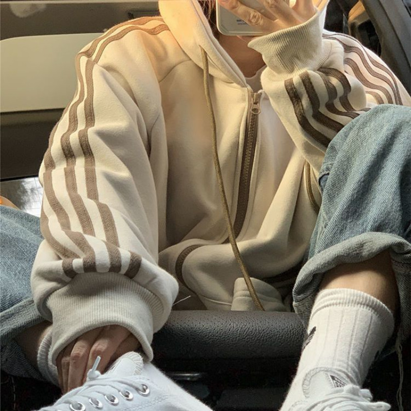 Womens Hoodies Sweatshirts HOUZHOU Vintage Oversized Casual Zip Up Harajuku Streetwear Women Striped Sweatshirt Winter Fleece Clothes for Teenagers 23