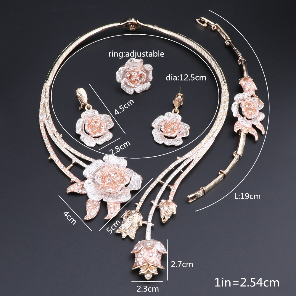 Wedding Jewelry Sets Nigeria Classic Jewelry Sets Elegant Bride Wedding Flower Shape Necklace Earrings Bracelet Ring Set for Dubai Women 230325