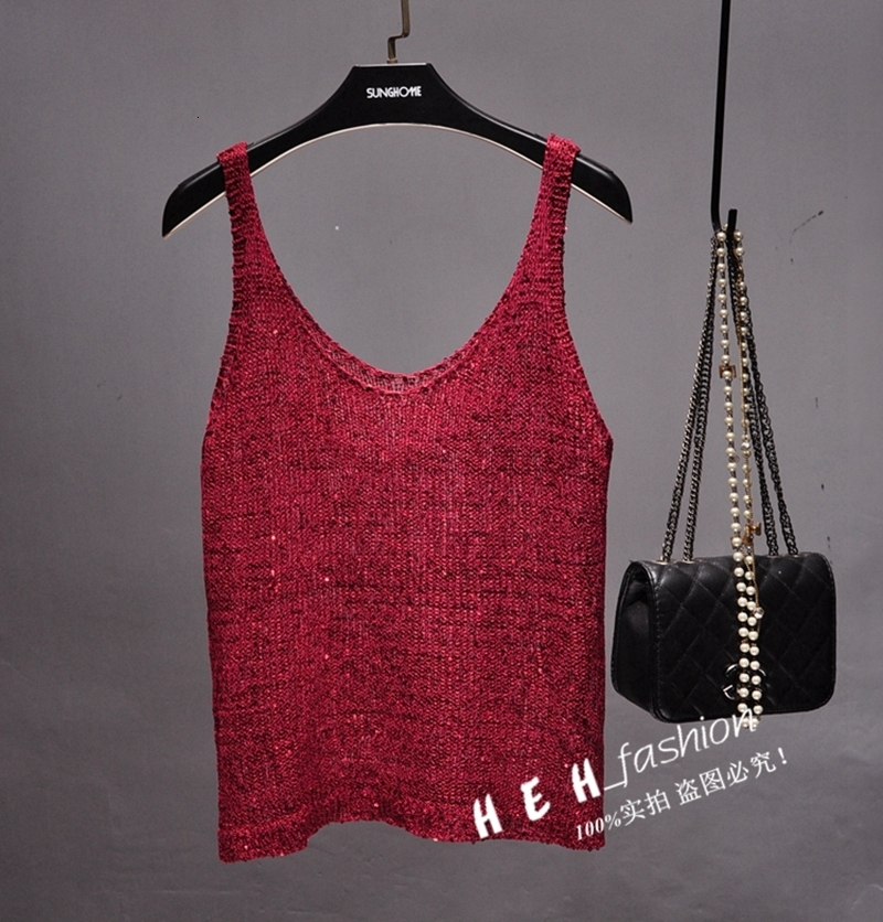 Camisoles Tanks Spring and Summer of The V-neck Condole Belt Knit Sequined Vest Outside The Joker Sleeveless T-shirt Top Coatt 230327