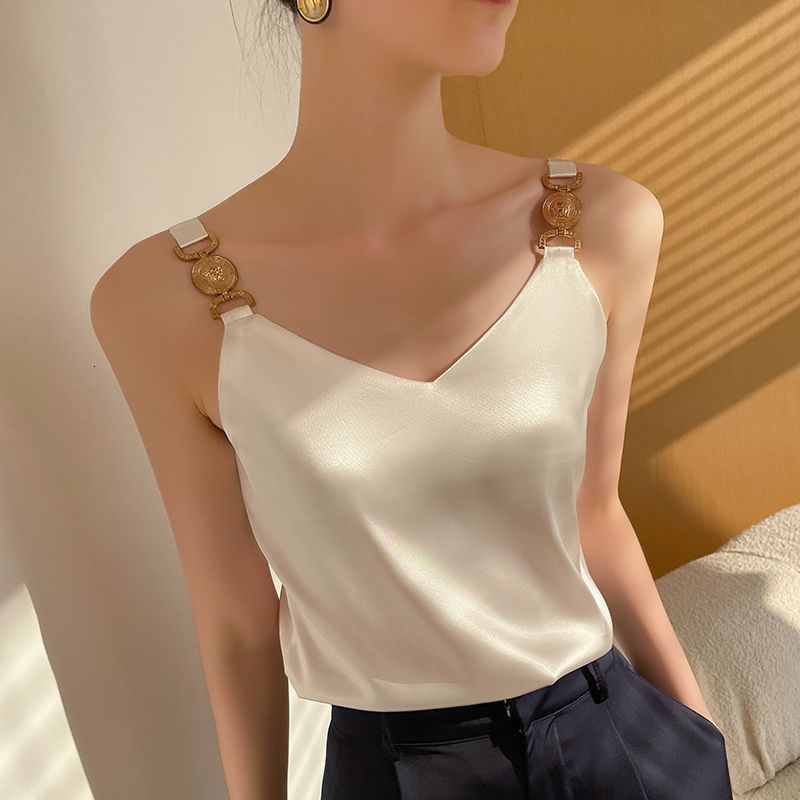 Camisoles Tanks Cami Top V-neck Solid Fashion Sleeveless Top Women Temperament Elegant Office Lady Backless Top Silk Spaghetti Camis Summer 230327