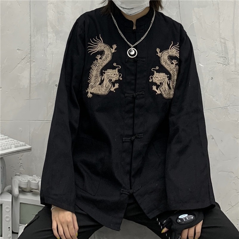 Women's Blouses Shirts QWEEK Harajuku Blouse Chinese Style Dragon Shirt Embroidery Cardigan Long Sleeve Tops Fashion Retro Streetwear Chic 230327