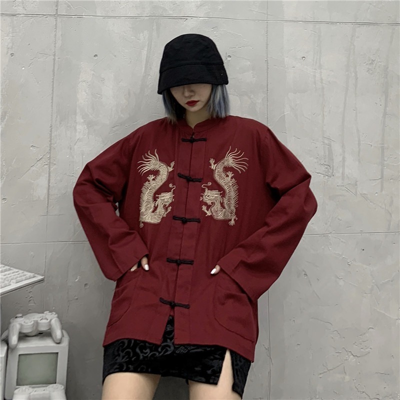 Women's Blouses Shirts QWEEK Harajuku Blouse Chinese Style Dragon Shirt Embroidery Cardigan Long Sleeve Tops Fashion Retro Streetwear Chic 230327