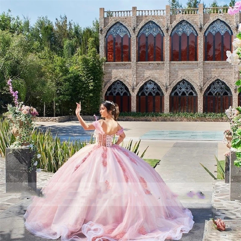 Ball Quinceanera Pink Gown Dresses Off Shoulder Beaded Lace Appliques Rhinestones Sweet Dress Vestidos De Anos