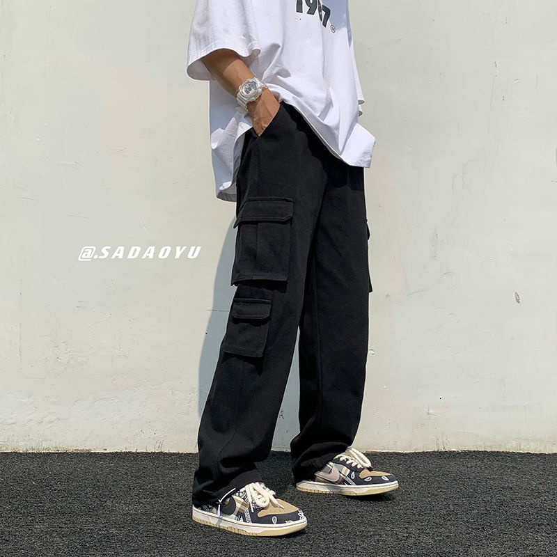 Men's Pants Black/white Casual Pants Men's Fashion Loose Straight Wide Leg Pants Men Streetwear Hip-hop Pocket Cargo Pants Mens Trousers 230