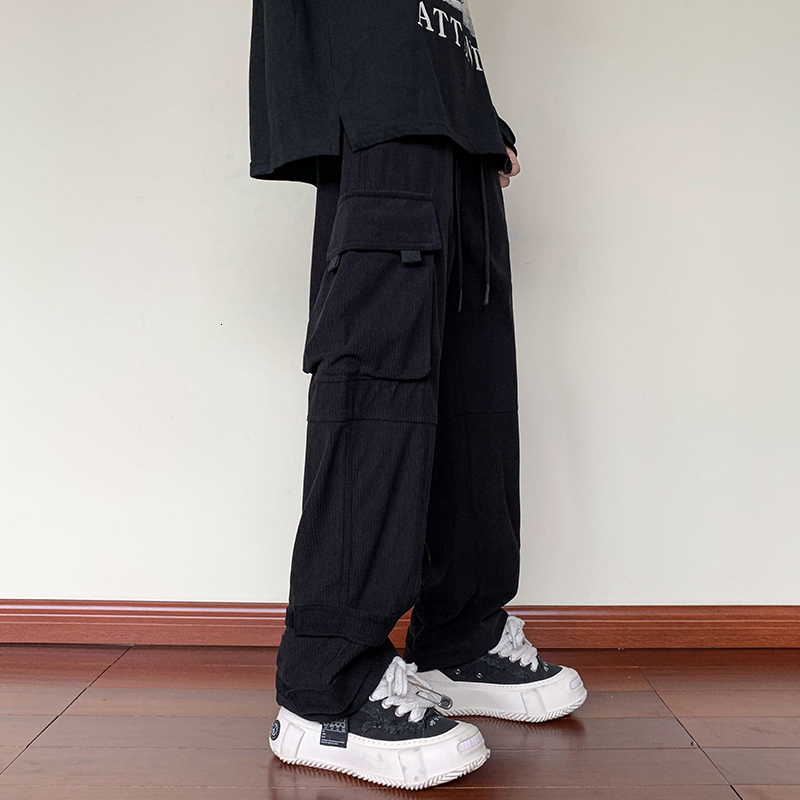 Men's Pants Autumn Winter Men's Parachute Cargo Pants Corduroy Casual Long Trousers Multi-pockets Military Fashion Oversize Pants Black 2303