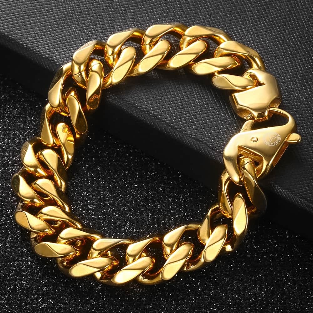 Charm Bracelets 316L Stainless Steel Cuban Curb Bracelet for Men Boy 15mm Heavy Chain Link Bracelet Gold Color Drop Jewelry 79 HB506 230325