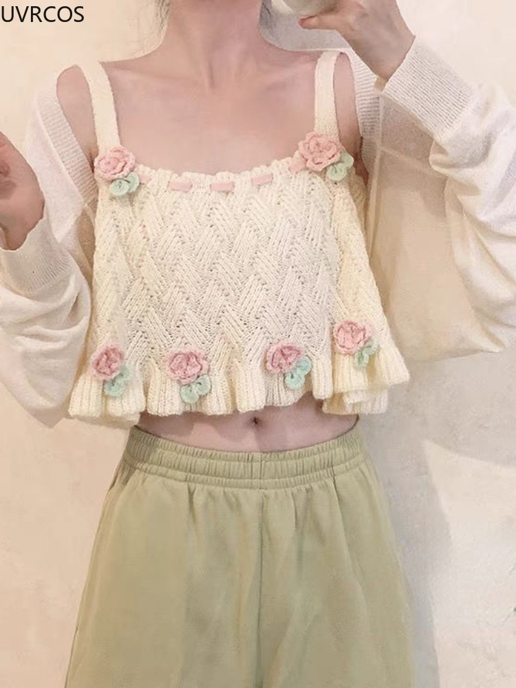 Camisoles Tanks Japanese Kawaii Chic Tank Top Women Sweet Flower Embroidery Cute Knitted Tanks Lady Preppy Style Casual Sweater Vest Summer 230327