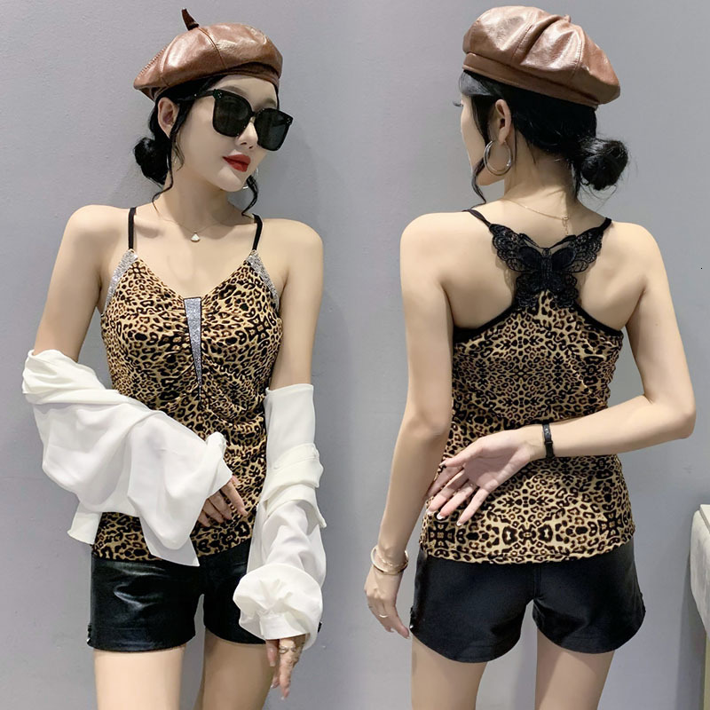 Camisoles Tanks Summer Women Camis Fashion Sexy V-Neck Drilling Mesh Leopard Vest Elegant Slim Bottoming Elasticity Tops Shirt 230327