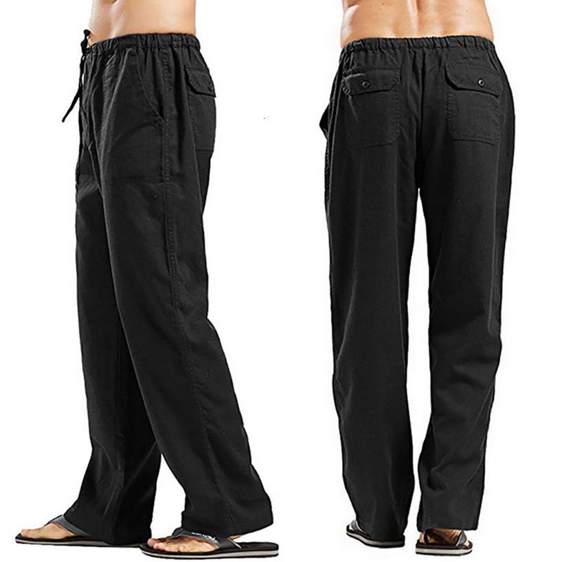 Men's Pants Summer Men Solid Color Linen Multi-Pocket Straight Casual Pants Plus Large Size Breathable Comfortable Drawstring Loose Trousers 2303