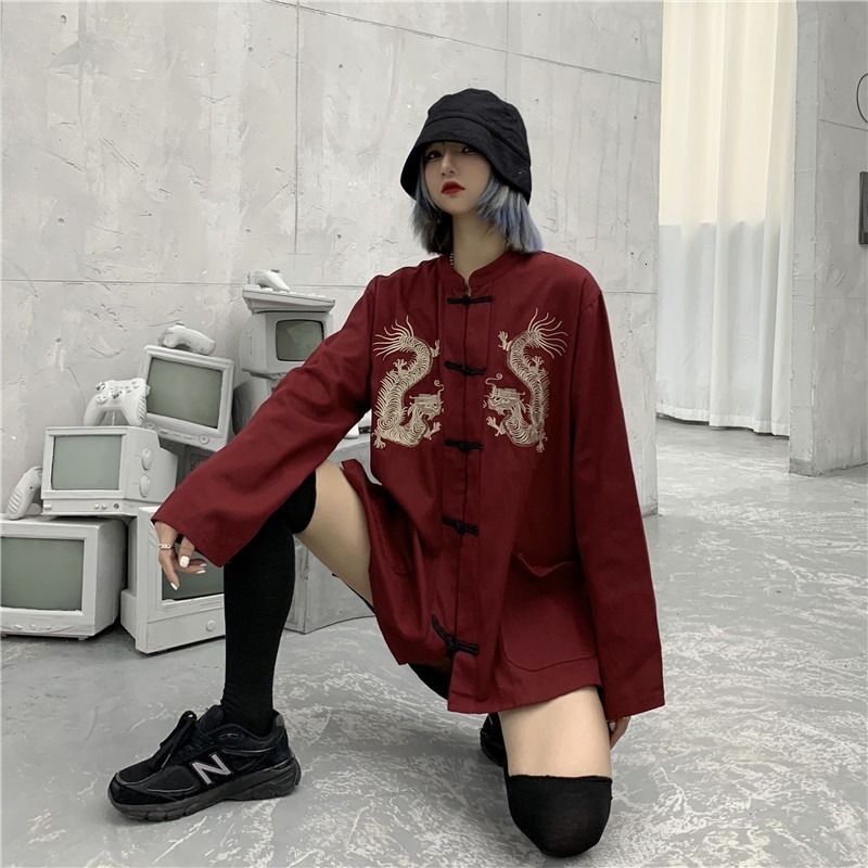 Women's Blouses Shirts QWEEK Harajuku Blouse Chinese Style Dragon Shirt Embroidery Cardigan Long Sleeve Tops Fashion Retro Streetwear Chic 230327