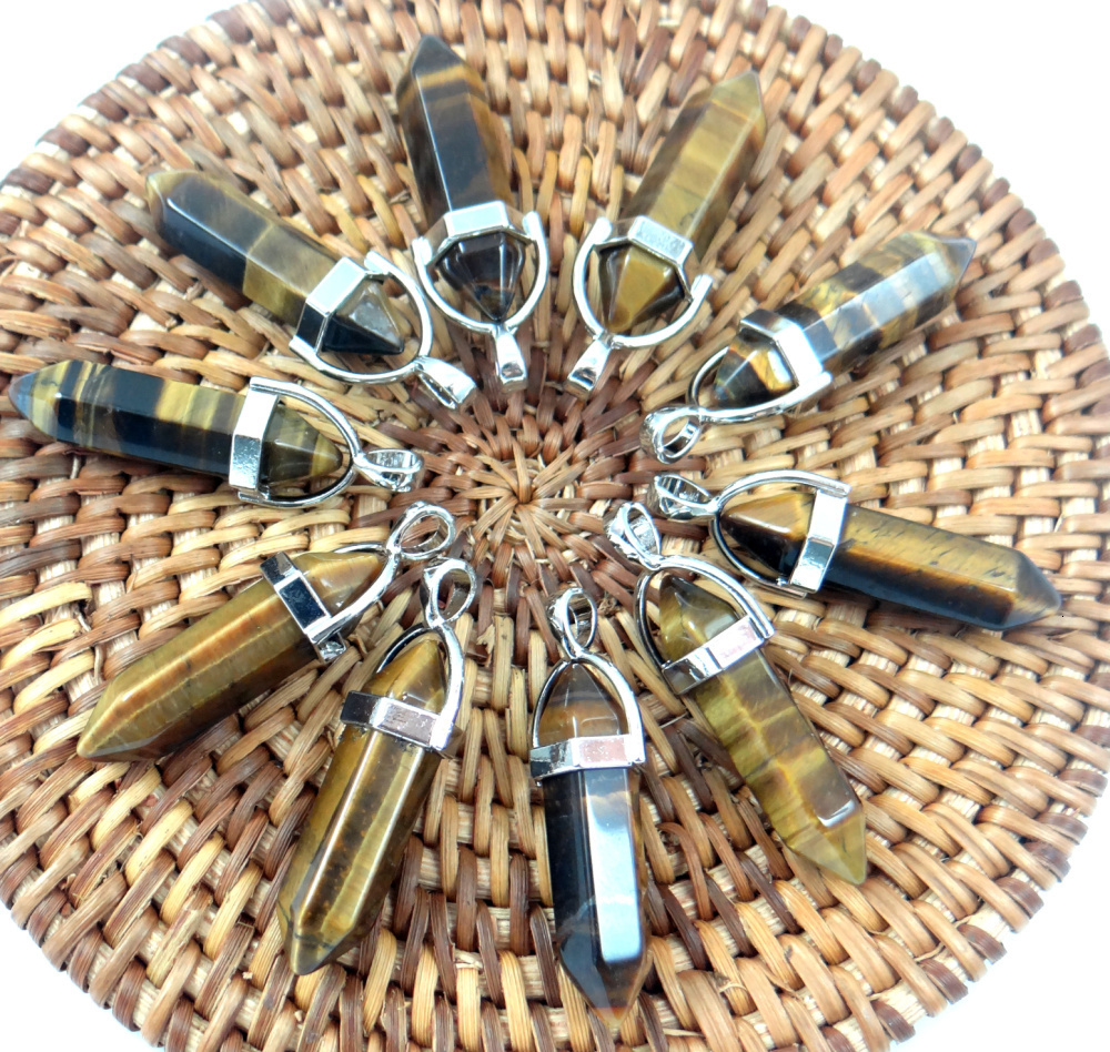 Charms Natural Gem Stone Lapis Opal Crystal Quartz Hexagonal Pendulum Reiki Charm Penduloum Pendants DIY Jewelry Making Necklaces 24Pcs 230325