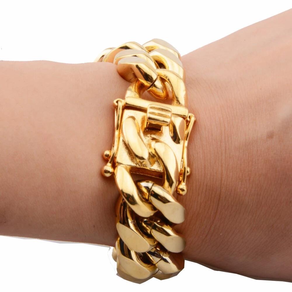 Charm Bracelets 81012141618mm Wide Gold Color 316L Stainless Steel Curb Cuban Link Chain Bracelet Bangle Jewelry 711inch for Men Women 230325