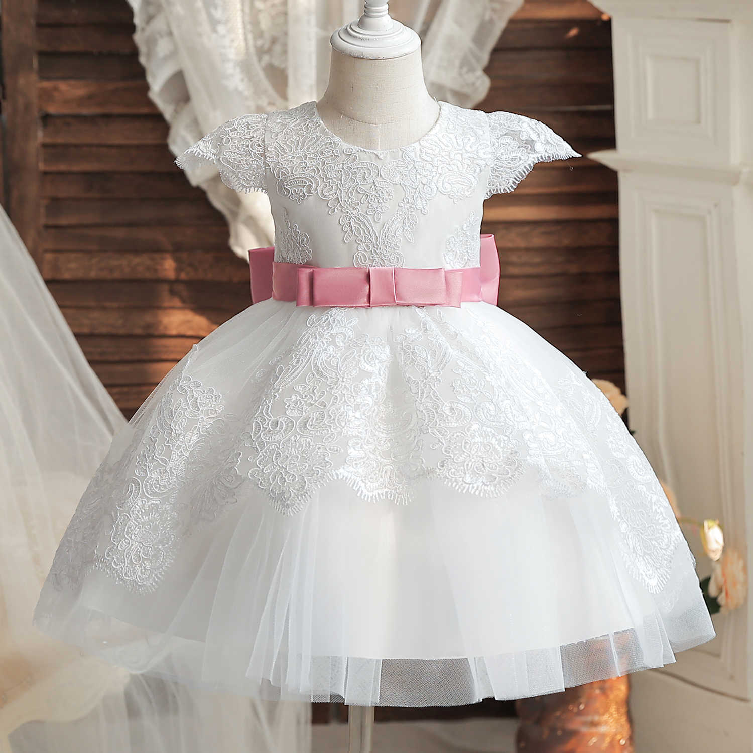 Girl's Dresses Baby Girl White Baptism Dress Infant 1st Birthday Pink Bow Tutu Gown Flower Girl Dress for Wedding Ceremony Summer Party Costume P