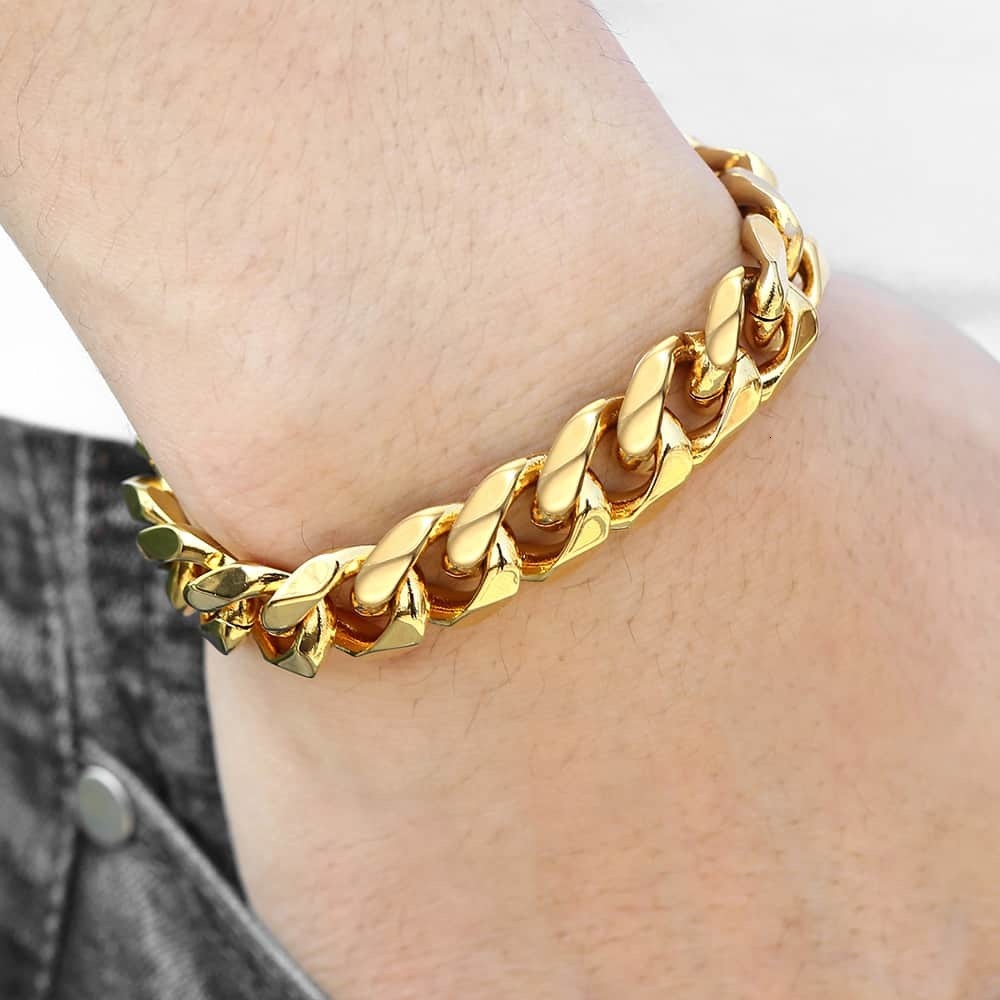 Charm Bracelets 316L Stainless Steel Cuban Curb Bracelet for Men Boy 15mm Heavy Chain Link Bracelet Gold Color Drop Jewelry 79 HB506 230325