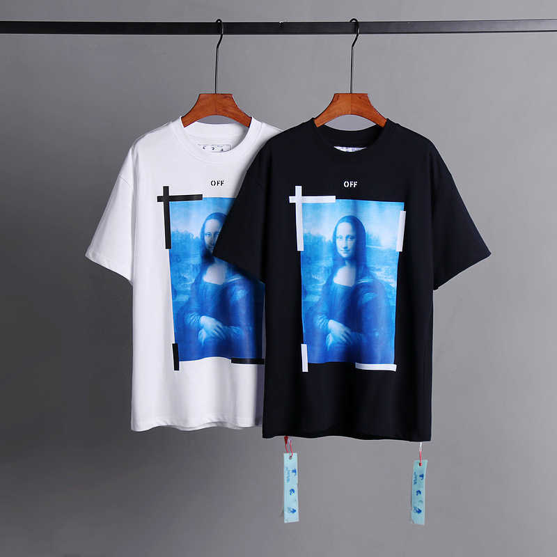 

Men's T-Shirts Xia Chao Brand OW OFF Mona Lisa Oil Painting Arrow Short Sleeve Men and Women Casual Large Loose T-shirt, White