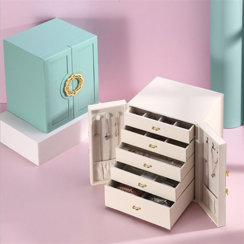 Jewelry Boxes Jewelry Organizer Box Display 5 Layer Large Capacity Double Door PU Leather Drawer Storage Box Cases for Earrings Necklace 230325