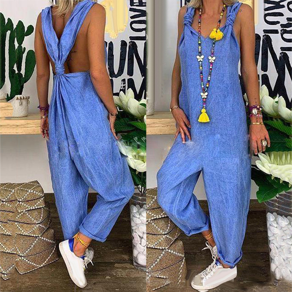Womens Jumpsuits Rompers Women Jumpsuit Summer Sexy Jumpsuit Women Playsuit Casual Overalls Bib Overall Sleeveless Backless Knotted Jumpsuit Dungarees