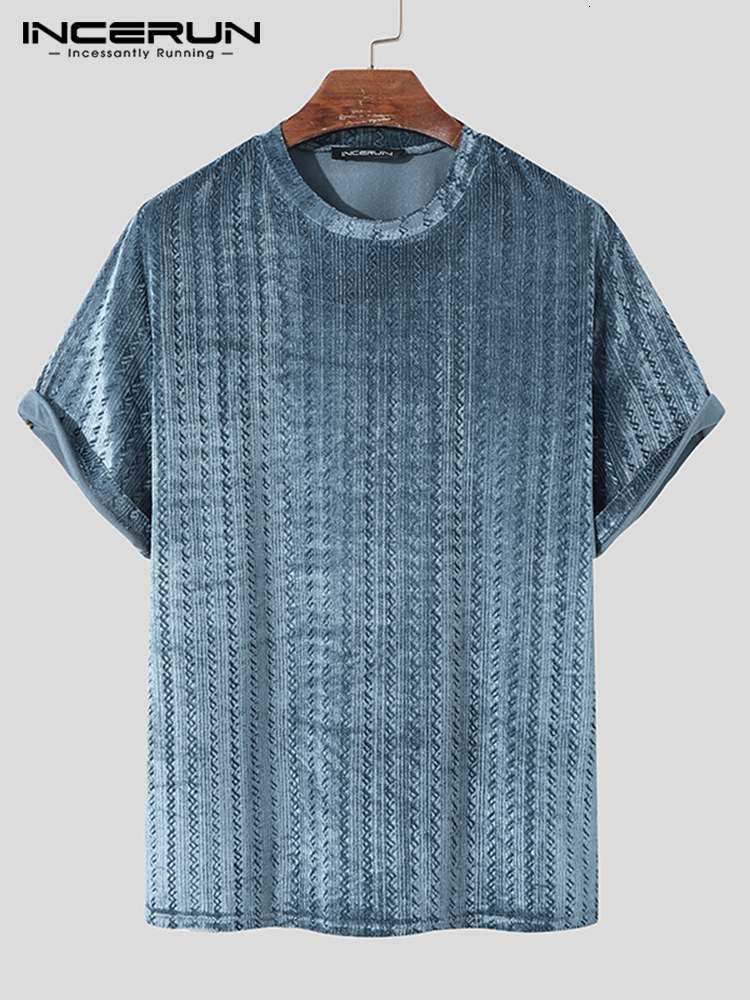 Men's T-Shirts INCERUN Men T Shirt Solid Color Round Neck Velour Folds Streetwear Short Sleeve Camisetas Fashion Casual Men Clothing 5XL 7 230327