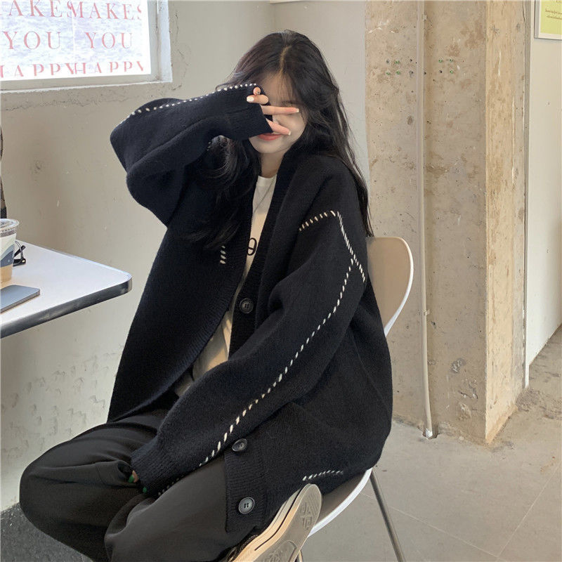 Women's Knits Tees Autumn Winter Lazy Style Vneck Knitted Sweater Cardigan Women Korean Version Loose Casual Allmatch Sweaters Coat Crop 230327