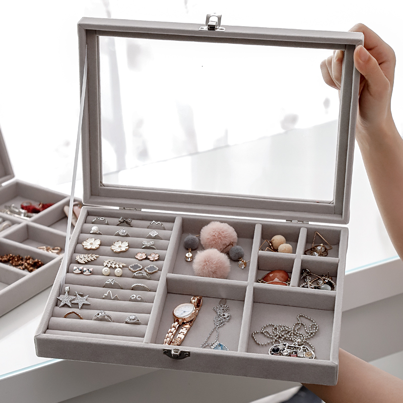 Jewelry Boxes Velvet Glass Ring Earring Jewelry Display Organizer Box Tray Holder Storage Case 230325