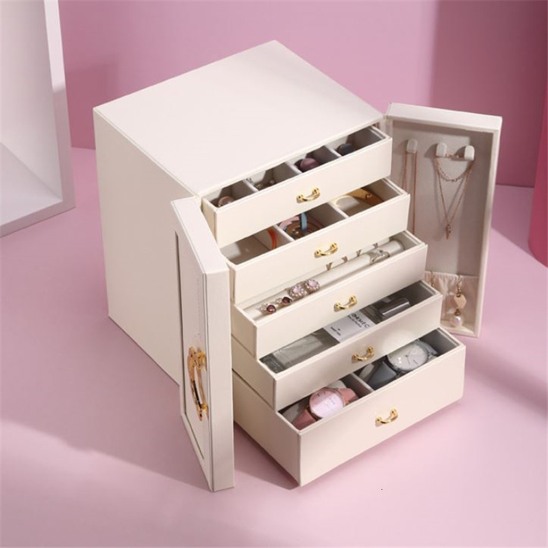 Jewelry Boxes Jewelry Organizer Box Display 5 Layer Large Capacity Double Door PU Leather Drawer Storage Box Cases for Earrings Necklace 230325