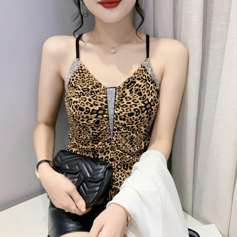Camisoles Tanks Summer Women Camis Fashion Sexy V-Neck Drilling Mesh Leopard Vest Elegant Slim Bottoming Elasticity Tops Shirt 230327