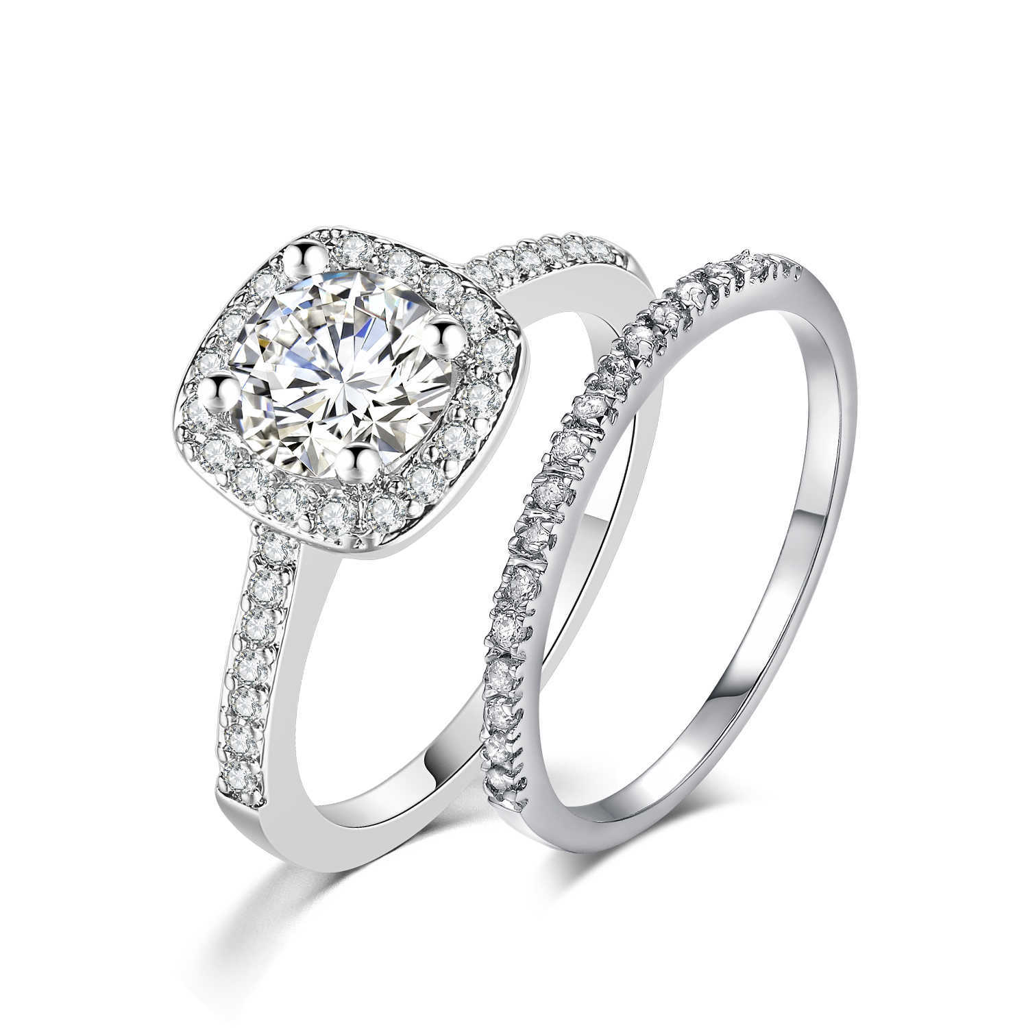 Band Rings Wedding Engagement Rings Set For Women Couple Square Silver Color Crystal Birde Marriage Zircon Ring Dazzling Trend Jewelry R531 Z0327