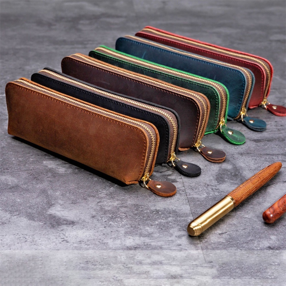 Pencil Bags Leather Retro Pen Storage Bag Handmade Gift Student Zipper Stationery Pencil Case Holder Unisex Portable Concise Style Original 230327