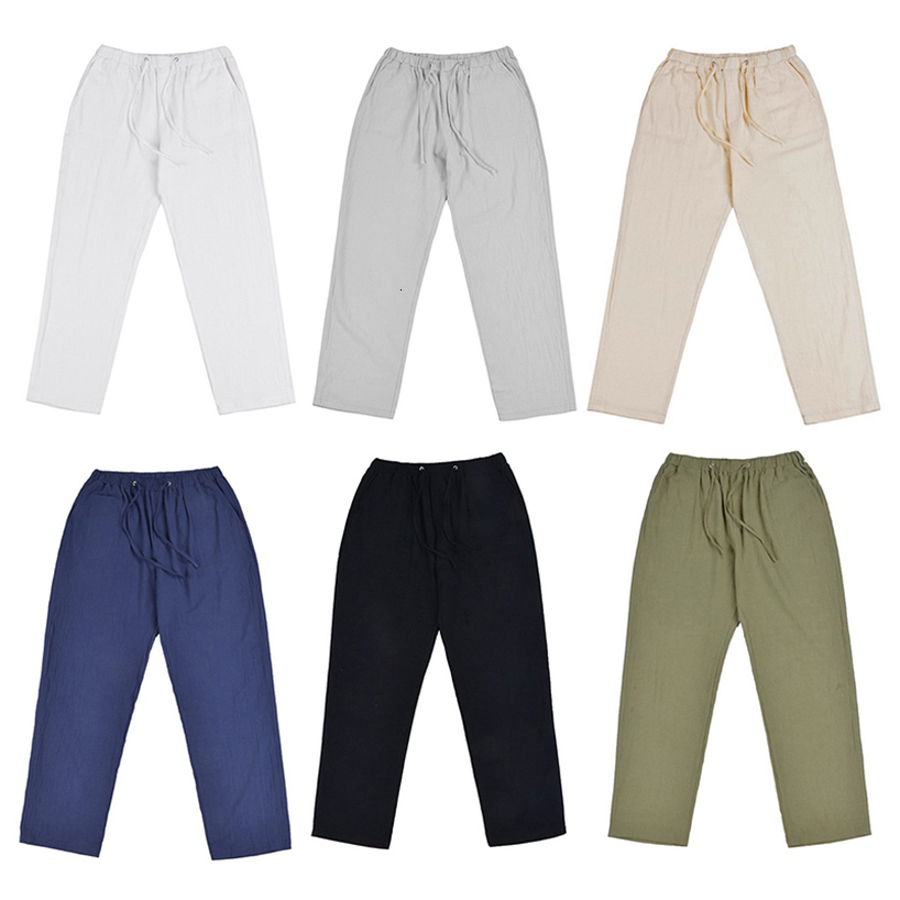 Men's Pants Summer Men Solid Color Linen Multi-Pocket Straight Casual Pants Plus Large Size Breathable Comfortable Drawstring Loose Trousers 2303